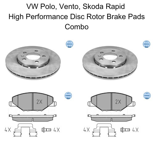 VW Polo, Vento, Ameo, Skoda Rapid Front Both Brake Disc + Brake Pad Set Combo -  0252568118 & 1155211018 Meyle Germany