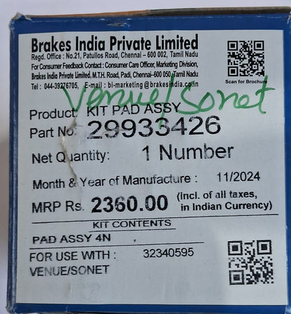 Kia Sonet, Hyundai Venue - Front Brake Pad Set - 29933426 - TVS Genuine