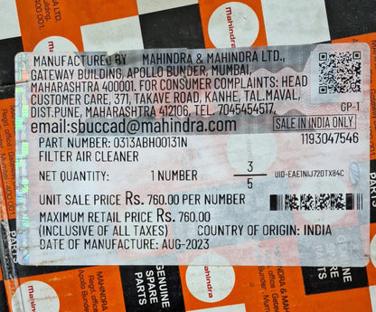 Mahindra Scorpio-N 2022 onwards, Thar New 2020 onwards - Air FIlter - 0313ABH00131N - Mahindra Genuine