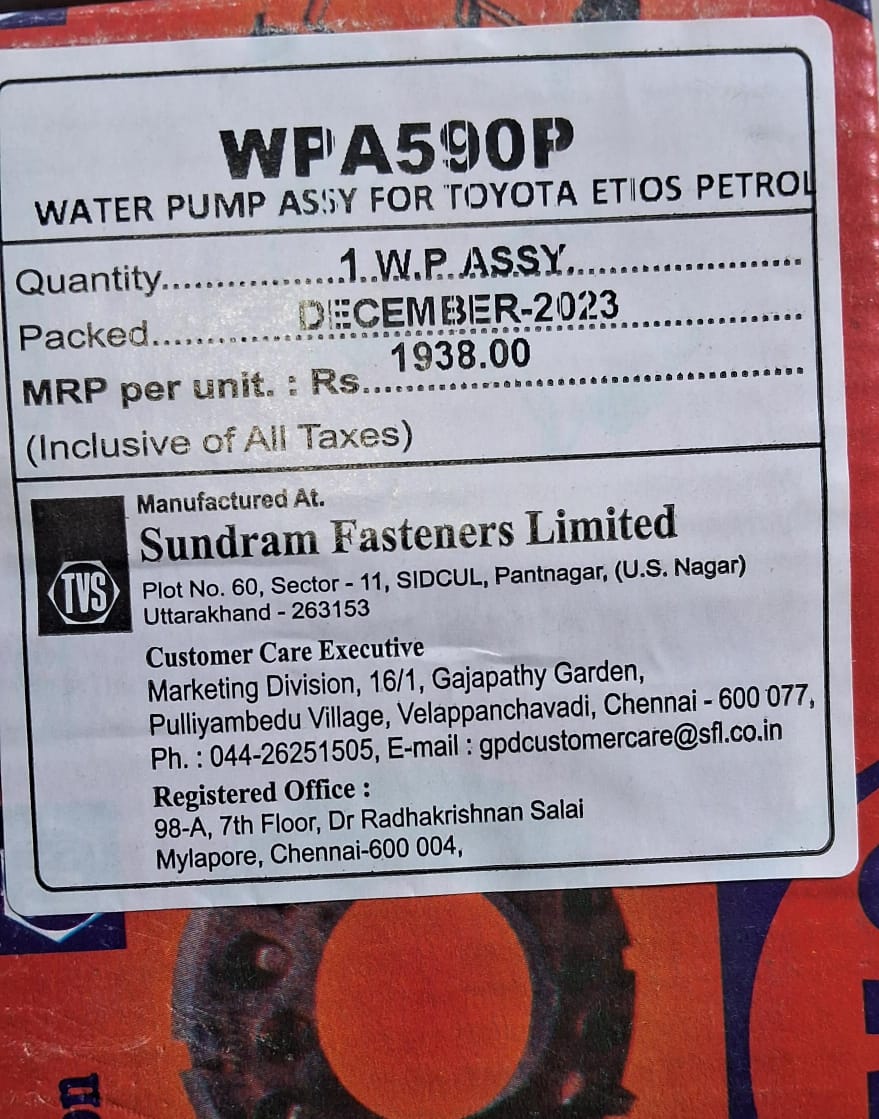 Toyota Etios Petrol - Water Pump WPA590P - TVS Genuine