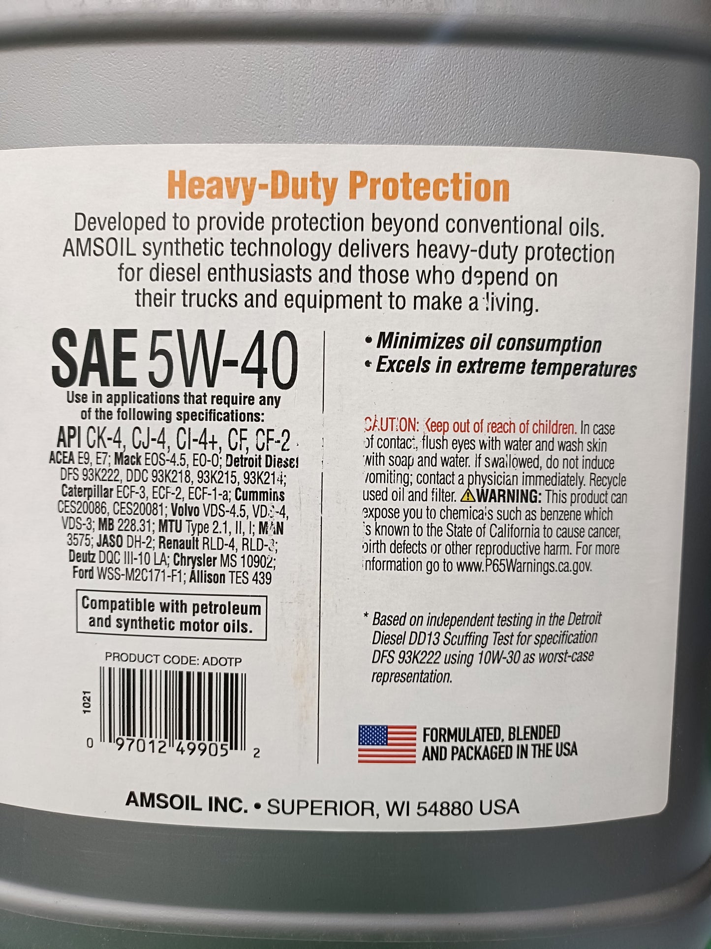 Amsoil SAE 5W-40 Fully Synthetic Heavy Duty Diesel 9.46 Litres - ADOTP Amsoil