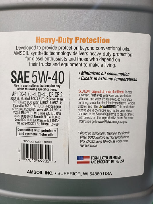 Amsoil SAE 5W-40 Fully Synthetic Heavy Duty Diesel 9.46 Litres - ADOTP Amsoil