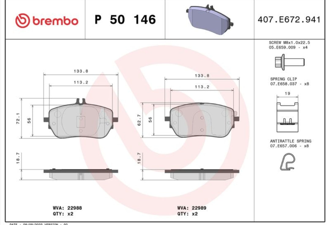Mercedes A W177 160 180, B W247 160 180, CLA X118 180 200 250, GLA H247 200 Front Brake Pad Set - P50146 Brembo