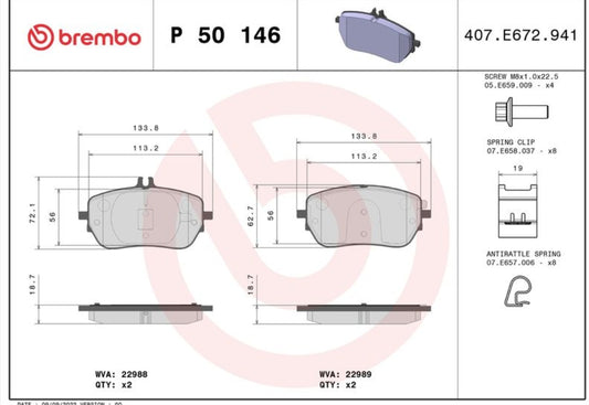 Mercedes A W177 160 180, B W247 160 180, CLA X118 180 200 250, GLA H247 200 Front Brake Pad Set - P50146 Brembo