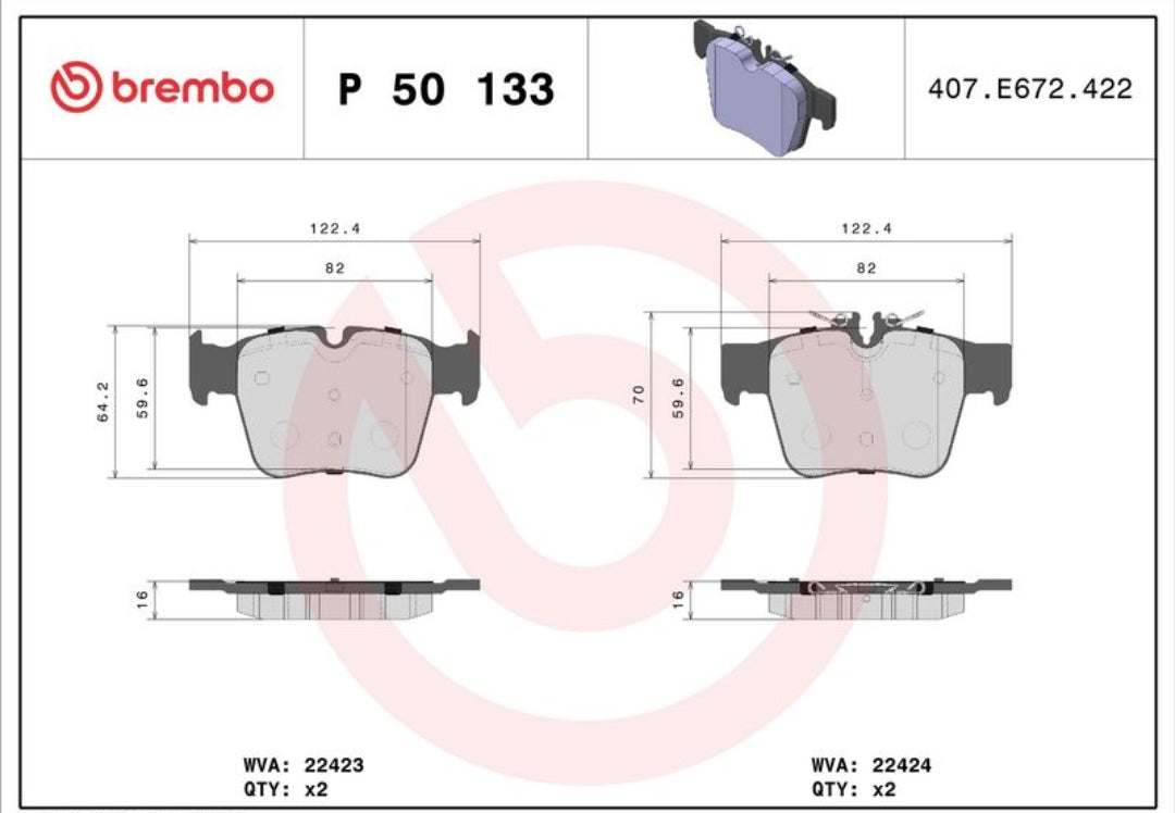 Mercedes W205, GLC X253 Rear Brake Pad Set - P50133 Brembo