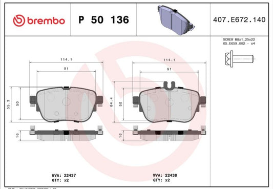 Mercedes E W213, C238 Rear Brake Pads - P50136 Brembo