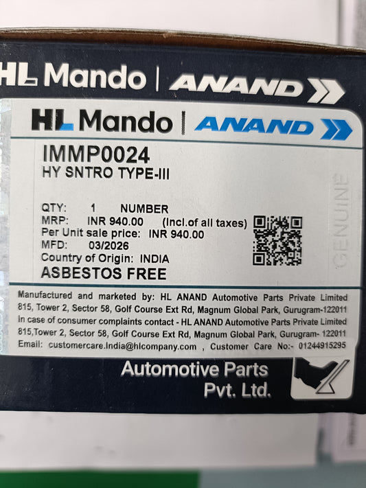 Hyundai Santro 3rd Gen, i10 Grand Nios, Eura 1st Gen Front Brake Pads - IMMP0024 Mando
