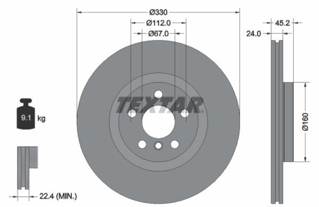 BMW X1 F48, Mini Countryman F60 Front Brake Disc Rotor Set, Dia 330 mm - 92274405 Textar