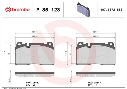 Audi A6 4G2, Q5 8RB, Porsche Macan 95B Front Brake Pads - P85123 Brembo