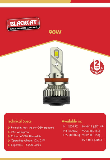 Blackcat Car Headlight LED Bulb H4 90W - LED149 Blackcat