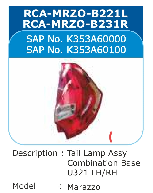 Mahindra Marazzo Tail Light Left - RCA-MRZO-B221L Varroc